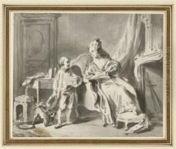 Salon Scene Withlady, Small Boy And Dog Oil Painting by Sigismond Freudenberger