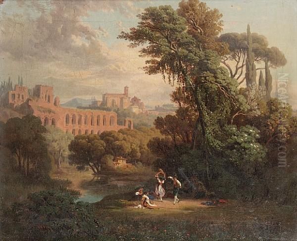 View Of The Circo Massimo, Rome, With Figures Dancing In The Foreground Oil Painting by Johann Jakob Frey