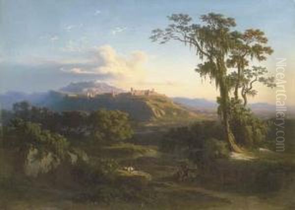 A Mountainous Landscape Oil Painting by Johann Jakob Frey