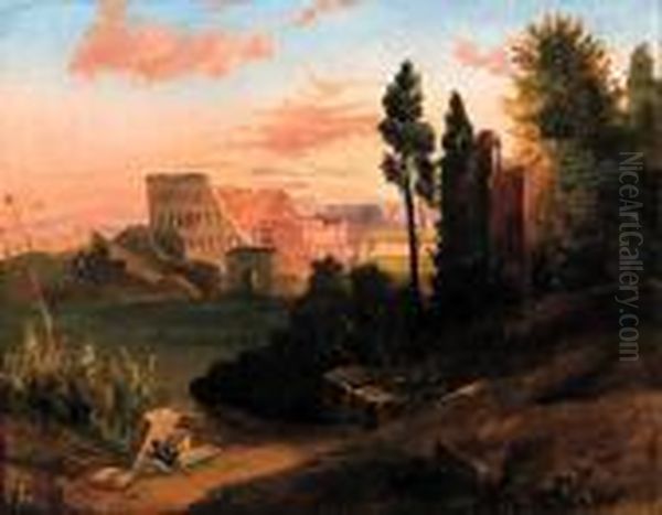 Tramonto Al Colosseo Oil Painting by Johann Jakob Frey