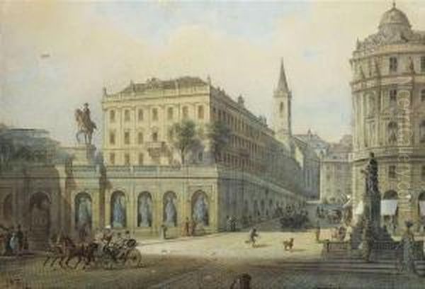 Thealbertina In Vienna; In A Carriage Kaiser Franz Josef Driving Past Oil Painting by Johann Wilhelm Frey