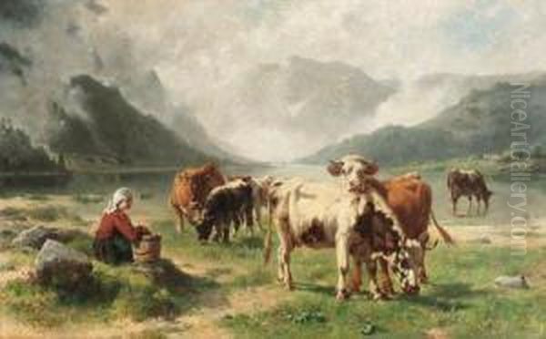 Milking-time Oil Painting by Wilhelm Frey