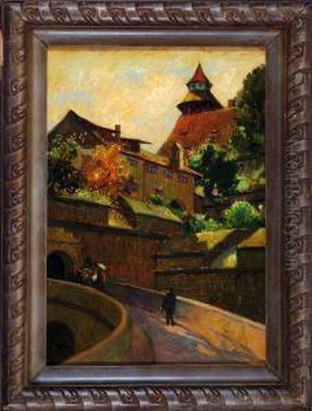 Partie An Der Stadtmauer Mit Personen, Rechts Im Hintergrund Der Spittlertor-turm Oil Painting by Adolf Frey-Moock