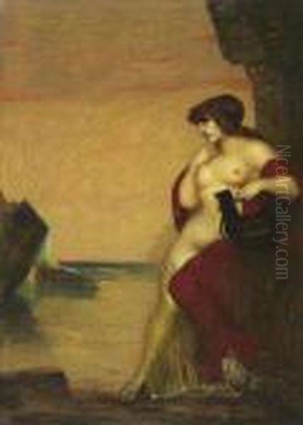 Frau Mit Lyra Am Wasser. Oil Painting by Adolf Frey-Moock