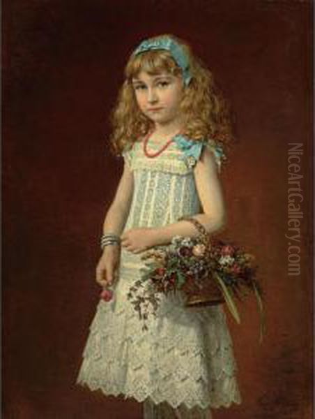 Young Girl With A Basket Of Flowers Oil Painting by Conrad Freyberg