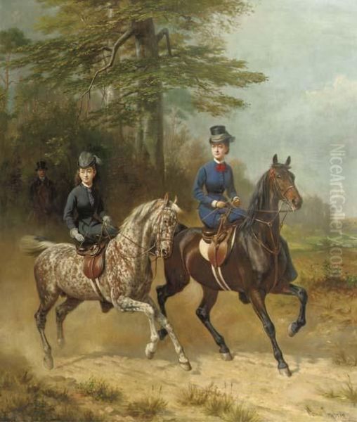 Reiterbild: Elegant Ladies On Horseback Oil Painting by Conrad Freyberg