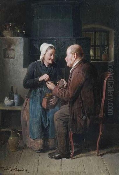 Couple In A Kitchen Interior Oil Painting by Friedrich V. Malheim Friedlaender