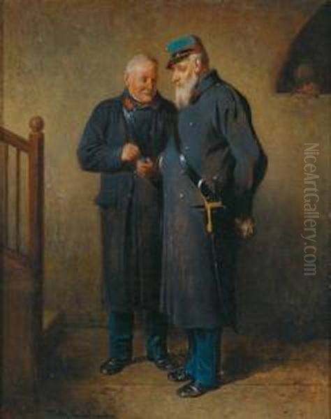 Two Veterans In Conversation Oil Painting by Friedrich V. Malheim Friedlaender