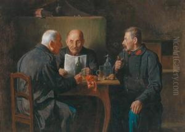 Three Veterans In Conversation Oil Painting by Friedrich V. Malheim Friedlaender