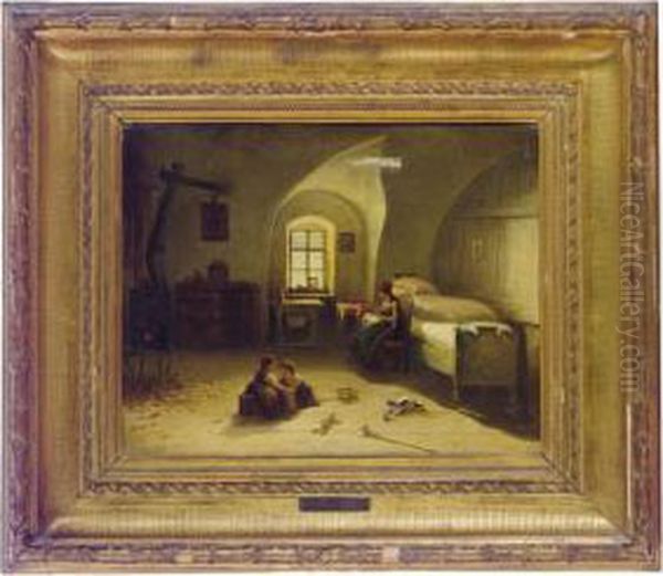 Children At Play With Their Mother And A Kitten In Aninterior Oil Painting by Friedrich V. Malheim Friedlaender