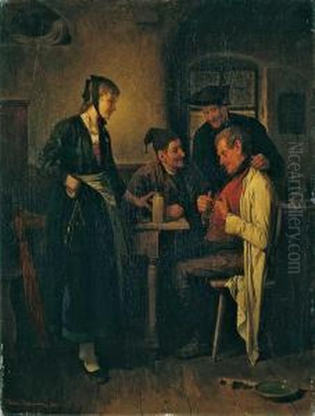 Wirtshausszene Mit Drei Mannern Und Einer Jungen Frau. Oil Painting by Friedrich V. Malheim Friedlaender