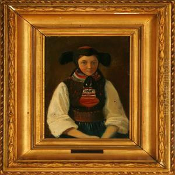 A Young Girl In Anational Costume Portraied En Face Oil Painting by Julius Friedlaender