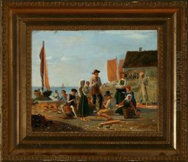 Fishermen Gathered Around The Catch Of The Day Oil Painting by Julius Friedlaender