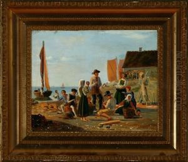 Fishermen Gathered Around The 
Catch Of The Day. Unsigned. Inscribed Verso J. Fritlaender. Oil On Canvas
 Mounted In Board. 23 X 28 Cm Oil Painting by Julius Friedlaender