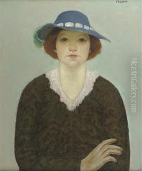 Portrait Of A Young Woman In A Blue Hat Oil Painting by Arnold Aaron Friedman