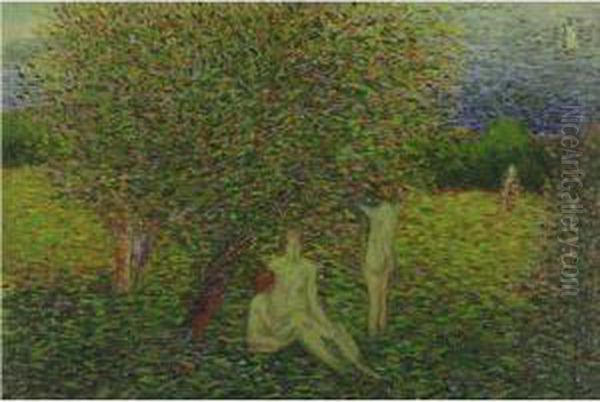 Nymphs In A Garden Oil Painting by Arnold Aaron Friedman