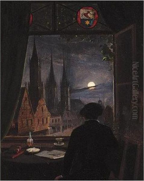 An Artist In His Studio Contemplating A Moonlit Street From His Opened Window Oil Painting by Caspar David Friedrich