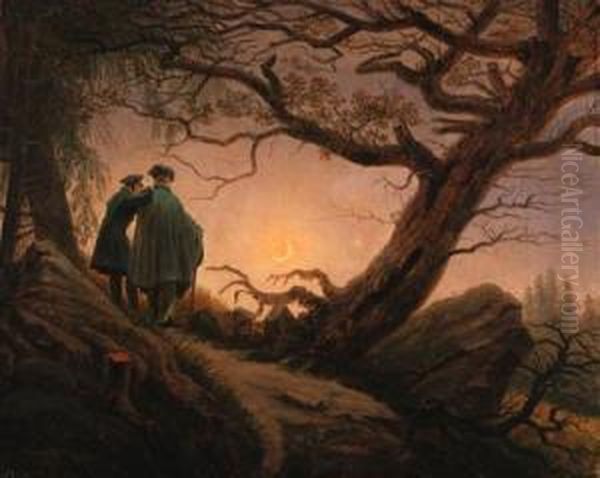 Zwei Mnner In Betrachtung Des Mondes Oil Painting by Caspar David Friedrich