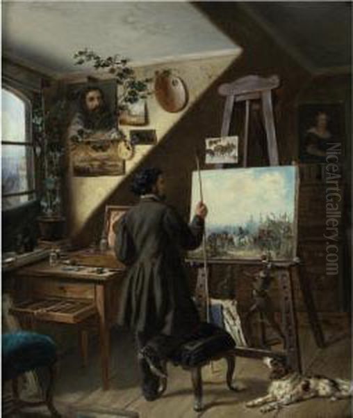 Painting Horses In The Studio, A Self Portrait Oil Painting by Gustav Adolf Friedrich