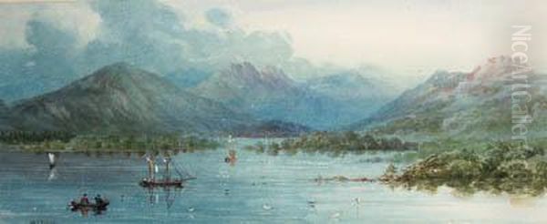 Figures Rowing On A Lake In A Mountainous Landscape, Thought To Belake Massawappi Oil Painting by Washington F. Friend