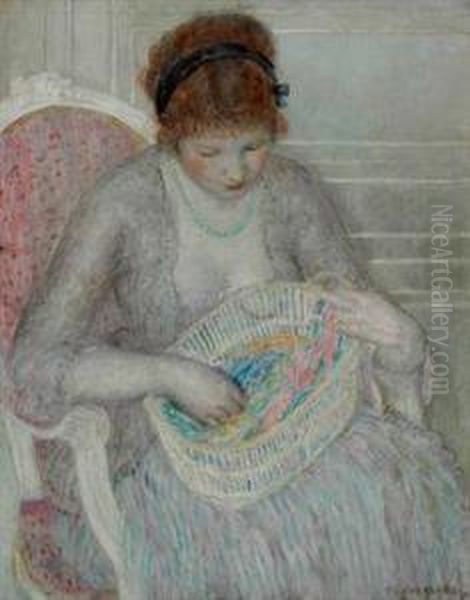 Girl With A Basket Of Ribbons Oil Painting by Frederick Carl Frieseke