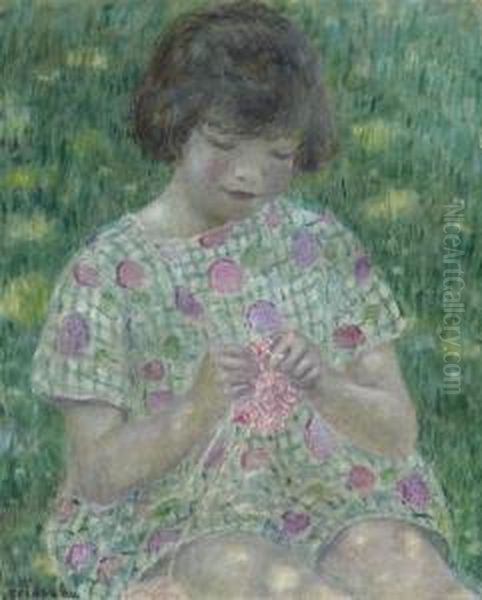 Child Knitting Oil Painting by Frederick Carl Frieseke