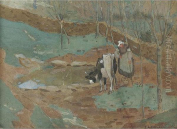 Woman And Cow In A Landscape Oil Painting by Frederick Carl Frieseke