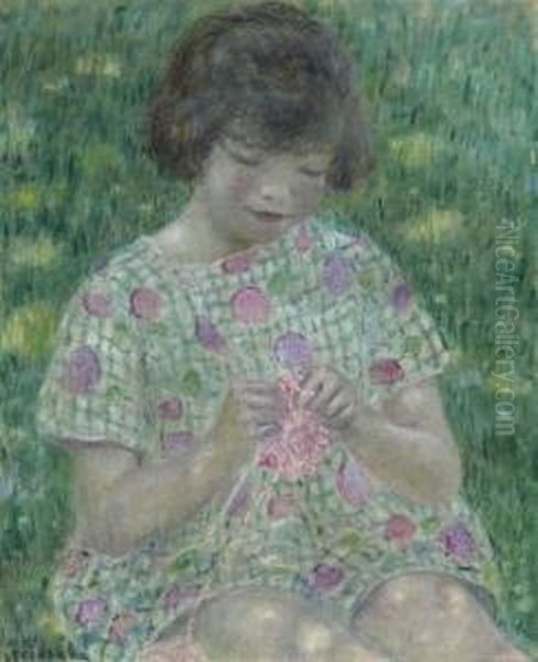 Child Knitting Oil Painting by Frederick Carl Frieseke