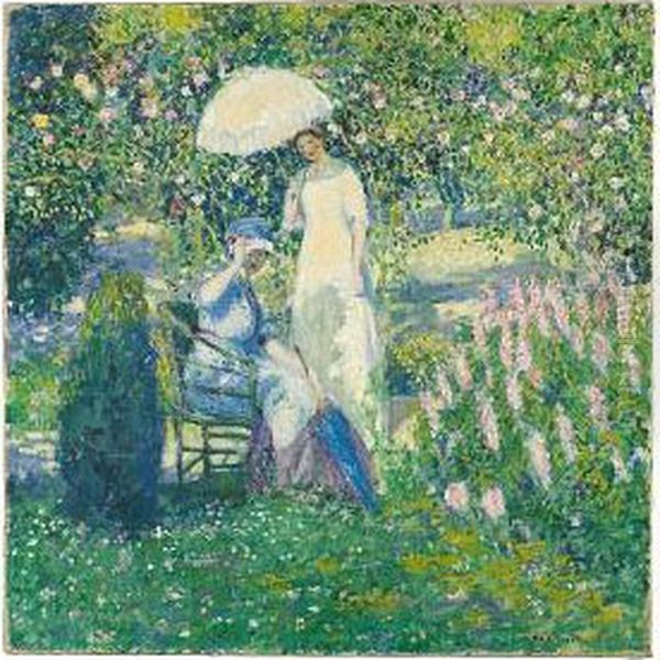 Two Ladies In A Garden Oil Painting by Frederick Carl Frieseke