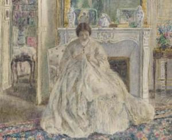 Woman Seated By A Fireplace Oil Painting by Frederick Carl Frieseke