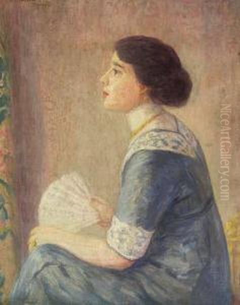 Lady In Blue Holding Fan Oil Painting by Frederick Carl Frieseke