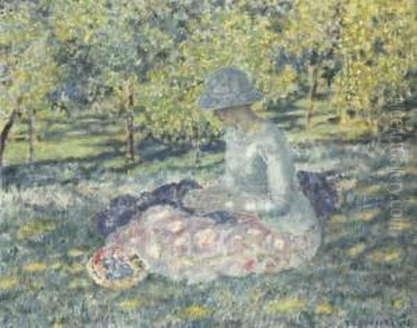 Woman Seated In A Park With Basket Oil Painting by Frederick Carl Frieseke