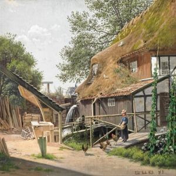 A Sunny Exterior By Awatermill, In Front A Girl Feeding The Chickens Oil Painting by Hans Gabriel Friis