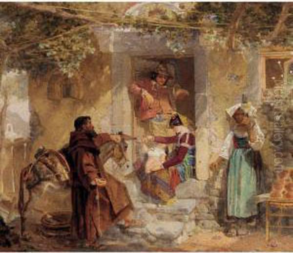 An Italian Peasant Family By The Cottage Door Oil Painting by Alfred Downing Fripp