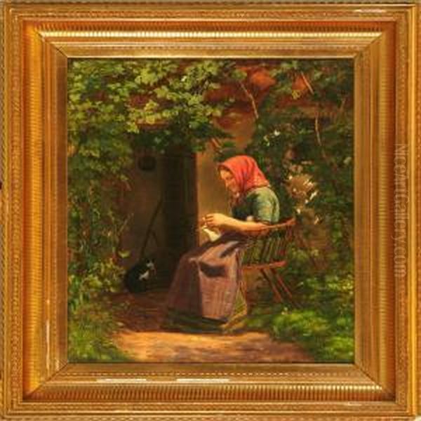 Woman With Her Knitting In A Garden Oil Painting by Johan Didrik Frisch