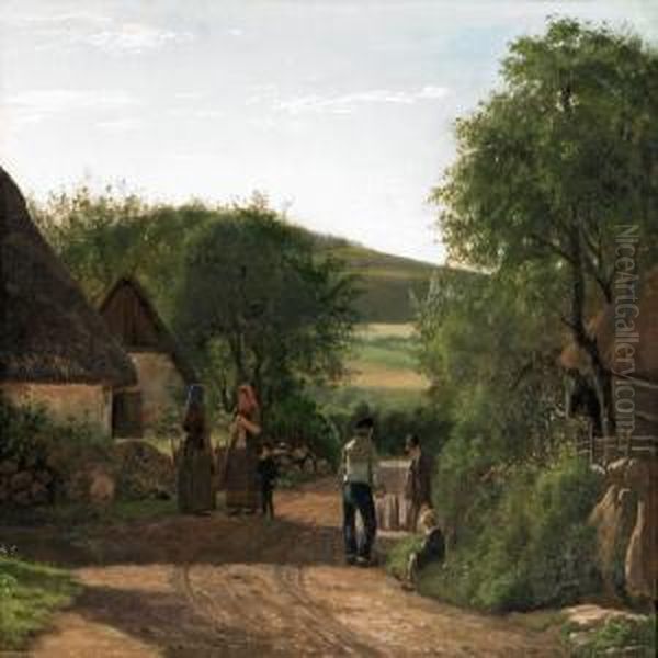 A Village Scenery With Figures Oil Painting by Johan Didrik Frisch