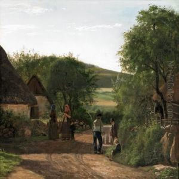 A Village Scenerywith Figures Oil Painting by Johan Didrik Frisch