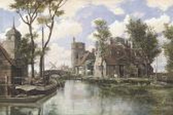 A Busy Canal Oil Painting by Johann Christoph Frisch