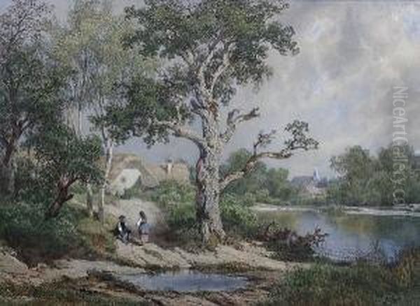 A Lakeside With Figures Resting Under A Tree Oil Painting by Melchior Fritsch