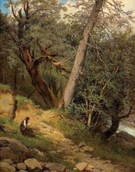 Waldlandschaft Mit Holzsammlerin Oil Painting by Melchior Fritsch