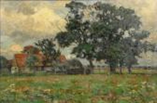 The Stockumer Farmyard. Idyllic View Over The Summerly Fields On The Farmyards. Oil Painting by Wilhelm Fritzel