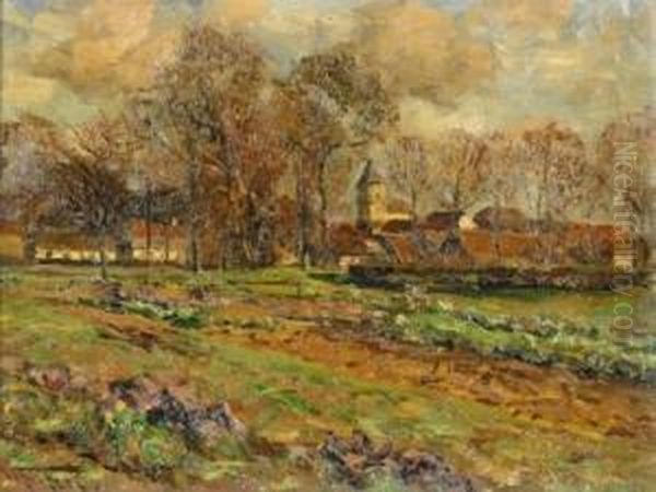 Fall In The Kalkum. View Over The Fields Onto The Village With St. Lambertus. Oil Painting by Wilhelm Fritzel