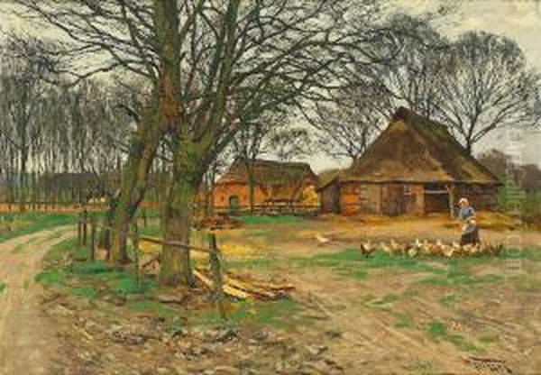 Anwesen Mit Huhnerhof Und Bauerin In Herbstlicher Landschaft. Oil Painting by Wilhelm Fritzel