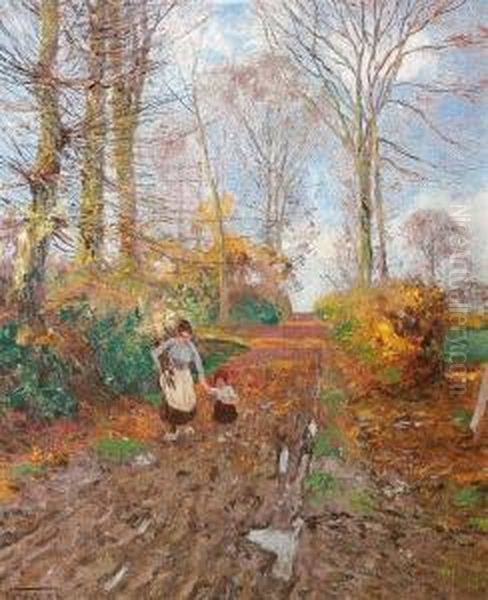 A Woman And A Child In The Forest Oil Painting by Wilhelm Fritzel