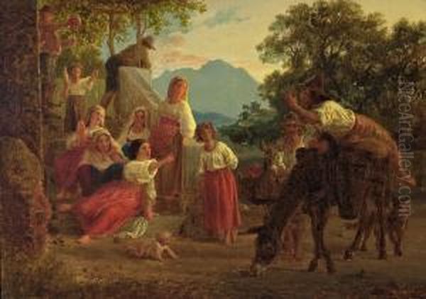 Italian Scenery With Figures Oil Painting by Lorenz Frolich