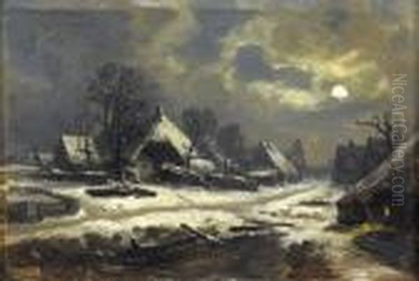 Mondbeschienenes Dorf Im Winter Oil Painting by Otto Frolicher