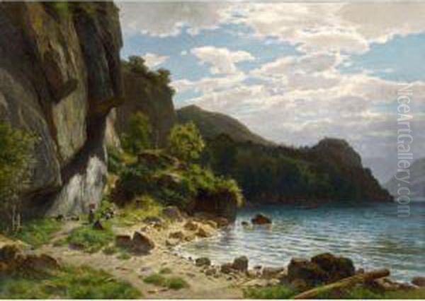 Goatherd With Flock At The Lakeside Oil Painting by Otto Frolicher