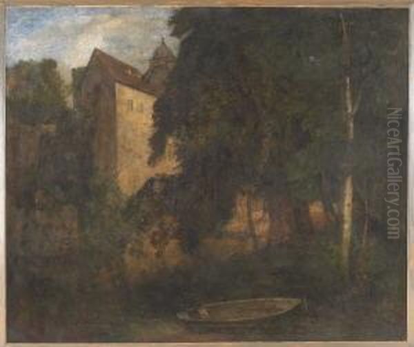 Blick Auf Ein Schloss Hinter Baumen, Vorn Am Ufer Ein Kleiner Kahn Oil Painting by Otto Frolicher