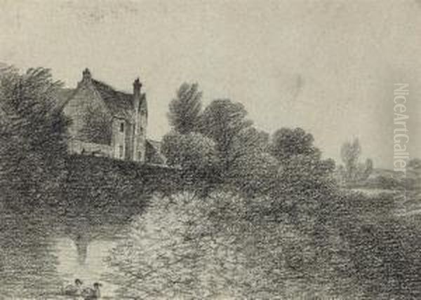 A Manor House On The Banks Of A 
River (illustrated); Cattle Beforea Barn; And A Woodland Ride Oil Painting by George Frost