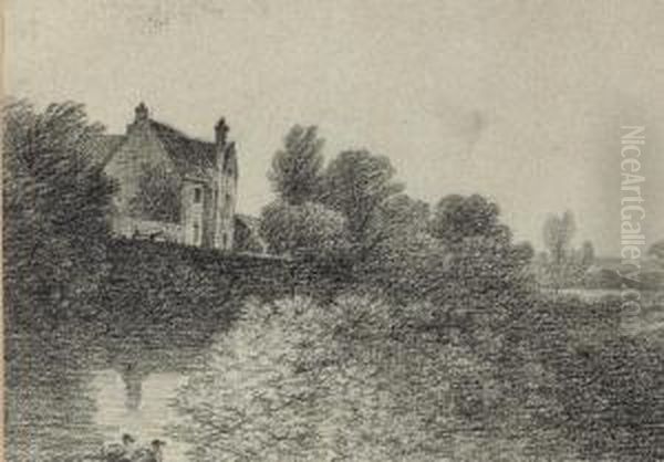 Cattle By A Barn; A Track 
Through Woodland; And A Manor House Beside A River By Moonlight 
(illustrated) Oil Painting by George Frost